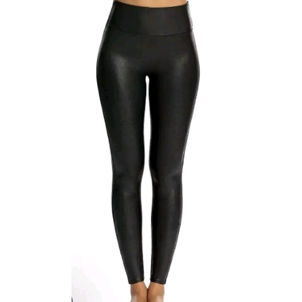 Spanx Faux‎ Leather Leggings Very Black High Waisted Petite Small S/P